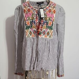 Striped Multicolor Embroidered Women's Top